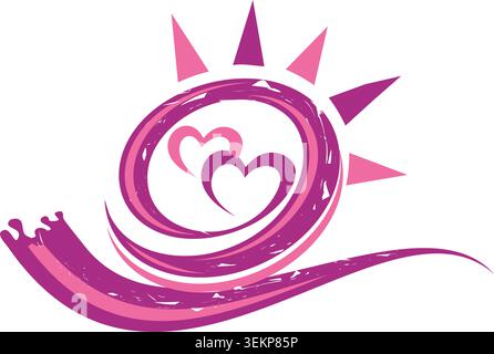 Romantic heart logo featuring artistic swirls, sunburst elements, and vibrant pink tones symbolizing love, warmth, and affection. Stock Vector