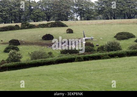 The scene in Sourton Down, near Okehampton in Devon, where a Royal Navy helicopter crashed in a field just before 4am today. Picture date: Wednesday June 3, 2026. Stock Photo