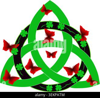 triquetra-circle-interlaced in black and green colors with clover leaves in the circle and many red butterflies. Colourful vector symbol drawing Stock Vector