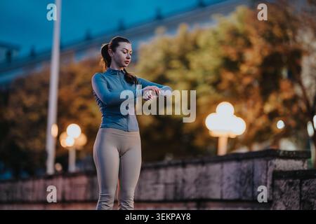 Young woman checking smart watch during evening urban workout run by city park wall Stock Photo