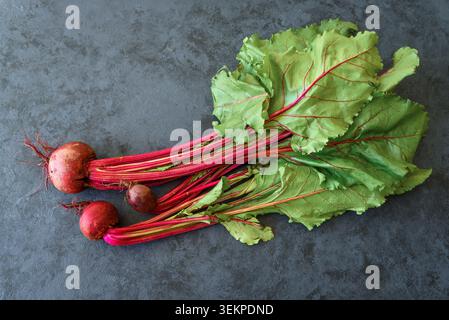 Chard with beetroots. Young beetroot with fresh leaves on dark background Stock Photo