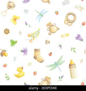 Baby shower seamless vector pattern with cute gender neutral beige elements. Stock Vector