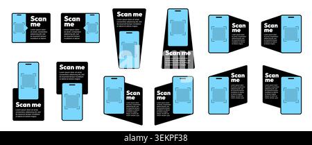 Black QR code sticker frame set. Quick scan smartphone digital payment barcode square border design vector illustration. Retail supermarket business item price tag label sign mockup. Stock Vector