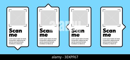 Simple QR code sticker frame layout. Smartphone digital payment barcode square border design vector illustration. Mobile app camera screen scanner telephone id price tag strip mockup. Stock Vector