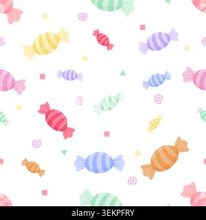 Cute pastel candy seamless pattern featuring colorful wrapped sweets with geometric elements. Perfect for packaging, wallpaper, fabric, textile, scrap Stock Vector