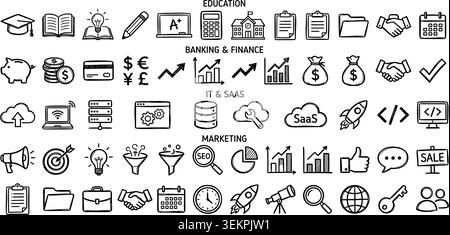 Big set of business icons in doodle style. Vector Illustration can be used in education, bank, It, SaaS, finance, marketing and other business areas.. Stock Vector