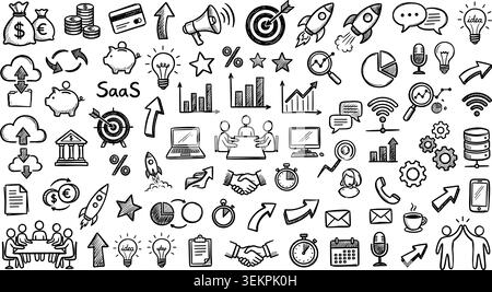 Big set of business icons in doodle style. Vector Illustration can be used in education, bank, It, SaaS, finance, marketing and other business areas.. Stock Vector