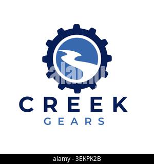 Modern Emblem Logo Featuring Gear Shape With Curved River Road Symbol In A Minimalist Industrial Style Suitable For Automotive, Engineering, Manufactu Stock Vector