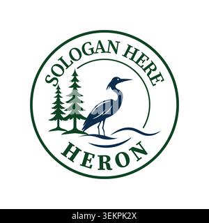 Minimalist Heron Bird Circular Emblem Logo with Pine Trees, Wildlife Nature Eco Vector Design Stock Vector