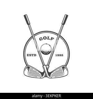 Classic logo design featuring two crossed golf irons with a golf ball inside a thin circular frame. Stock Vector