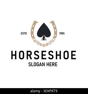 Vintage Logo featuring a Combination of a Golden Horseshoe and a Black Spade Symbol. Stock Vector