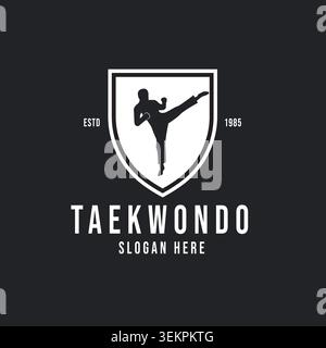 Minimalist black and white martial arts logo featuring a fighter silhouette performing a kick inside a shield emblem. Symbolizes protection, disciplin Stock Vector