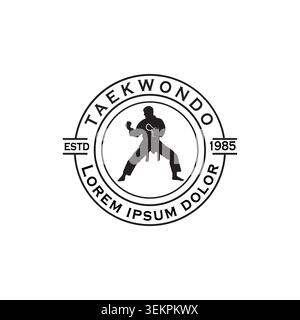 Vintage circular stamp logo for a Taekwondo academy featuring a fighter in a stance. Classic emblem style suitable for certifications, gym branding, a Stock Vector