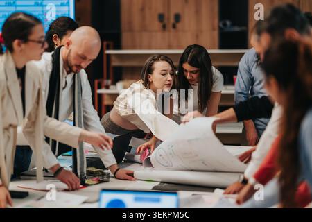 Business teammates collaborating over plans and charts during a busy office brainstorming session Stock Photo