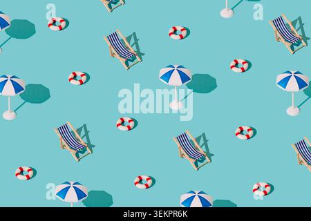 Summer sunlight pattern with deck chairs, beach umbrellas and lifebuoys on light blue background. Creative vacation and travel concept. Stock Photo