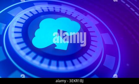 Cloud icon with up and down arrows on a futuristic digital interface, representing data flow and secure storage concepts Stock Photo