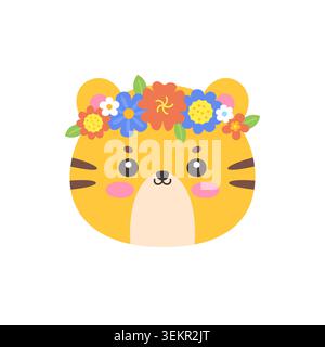 Cute Kawaii Tiger Face with Flower Crown Flat Vector Illustration on white background Stock Vector