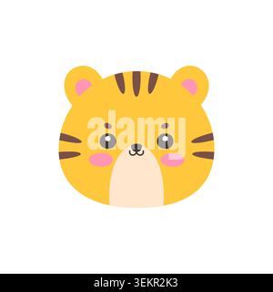 Cute kawaii tiger face flat vector illustration on white background Stock Vector