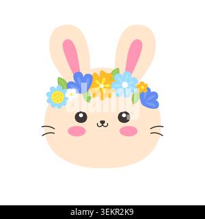 Cute Kawaii Bunny Face with Flower Crown Flat Vector Illustration on white background Stock Vector