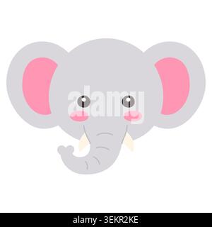 Cute Kawaii Elephant Face Flat Vector Illustration on white background Stock Vector