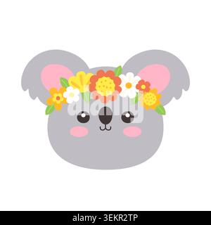 Cute Kawaii Koala Face with Flower Crown Flat Vector Illustration on white background Stock Vector