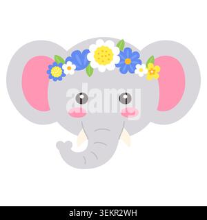 Cute Kawaii Elephant Face with Flower Crown Flat Vector Illustration on white background Stock Vector