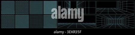 AI lab bg with Y2K grid, blueprint background for arcade infographics. Blue 3D line metaverse, industrial space. Minimal neon wire pattern in Stock Vector