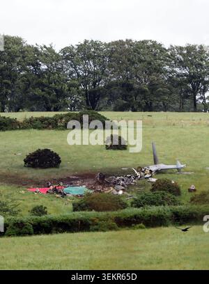 The scene in Sourton Down, near Okehampton in Devon, where a Royal Navy helicopter crashed in a field just before 4am today. Picture date: Wednesday June 3, 2026. Stock Photo