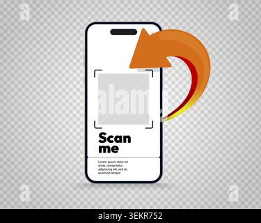 Scan me QR code template border. Transparent background smartphone digital payment barcode square frame sticker design vector. Mobile app arrow screen qrcode scanner button badge graphic. Stock Vector