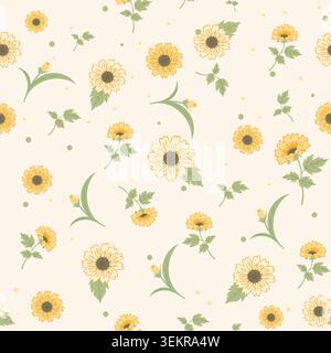 Beautiful sunflower seamless pattern with yellow flowers and green leaves on beige background, floral vector illustration for textile, fabric. Stock Vector