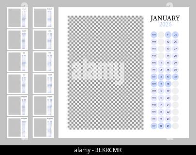 2026 monthly calendar with copy space for the picture, vertical calendar layout made of circles in columns,  square composition on white background, w Stock Vector