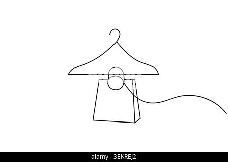 Continuous line drawing clothes hanger and shopping bag Stock Vector