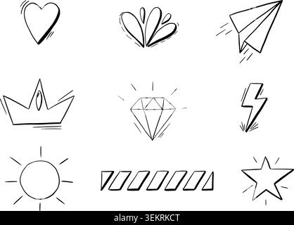 Hand drawn social media and success doodle elements set heart crown diamond lightning star black line art on white background Stock Vector