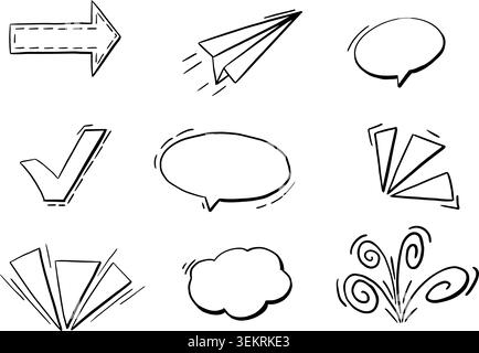 Hand drawn infographic and speech bubble elements set arrow paper plane check mark black line art doodle on white background Stock Vector