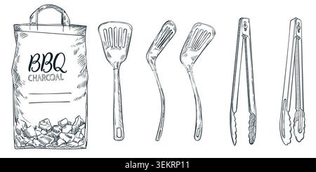 Vector sketch illustration of barbecue tools set. Hand drawn outline icon of charcoal bag, spatulas and tongs. BBQ accessories design elements for pic Stock Vector