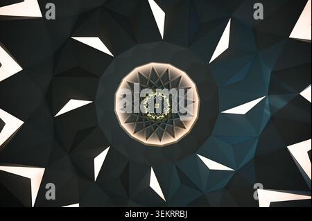 Abstract starburst ceiling interior with triangular facets and central ornamental dome, soft rim lighting and dark teal tones — modern architectural t Stock Photo