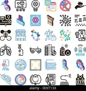 Collection of various colorful doodle style icons illustrating concepts Stock Vector