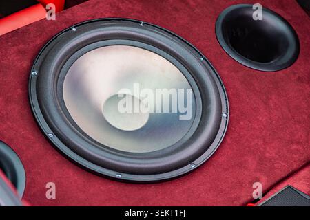 Close-up view of black and beige subwoofer on red textured surface, featuring durable matte surround, light cream cone with wear marks, dark central a Stock Photo