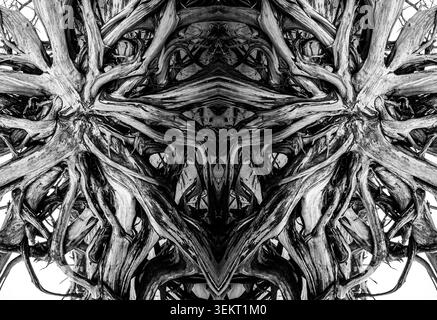 Abstract symmetrical pattern created from a weathered dead tree root at Driftwood Beach, Jekyll Island, Georgia, USA. Stock Photo