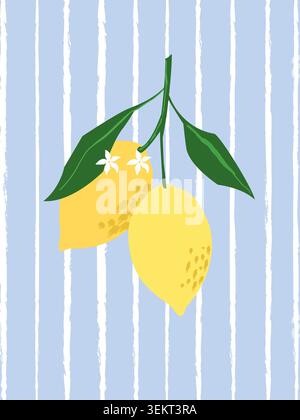 Handdrawn lemons with leaves on striped background Stock Vector