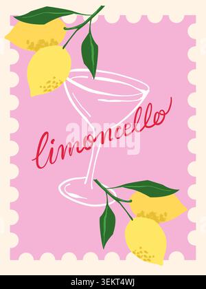 Stylized limoncello cocktail illustration with lemons and leaves Stock Vector