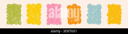 Set of hand drawn crayon doodle fluffy clouds. Childish scribble scalloped edge photo, picture frame. Wavy rectangle shape text box, speech bauble Stock Vector