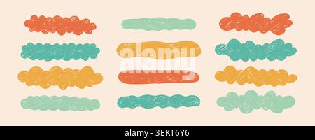 Set of hand drawn crayon doodle long fluffy cloud. Wide border, text box, emphasis, highlight. Kid childish funky pencil, chalk, charcoal Stock Vector