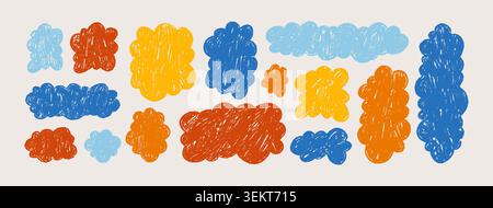 Funky crayon doodle fluffy cloud set. School childish speech bauble, text box, memo sticker. Doodle hand drawn price label. Kindergarten quirky crayon Stock Vector
