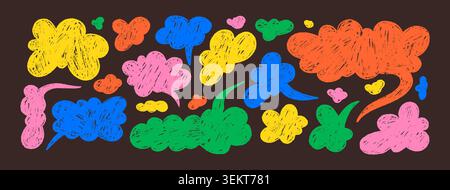 Crayon sketch speech bubble. Funky fluffy colorful childish chalk scribble clouds. Hand drawn pastel text box. Message talk balloon for school, kinder Stock Vector
