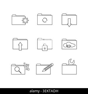 Modern folder outline icon collection featuring various file management concepts including settings, synchronization, download, upload, security, clou Stock Vector