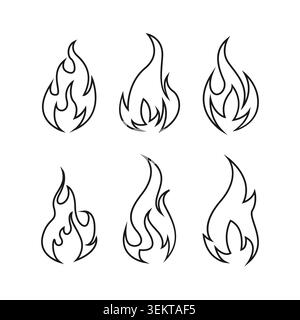 Professional outline flame icon collection featuring clean vector line art designs. Includes multiple fire symbol variations with smooth curves and mi Stock Vector