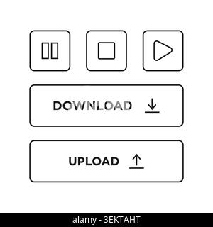 Collection of minimal interface button elements featuring media controls, upload and download actions, navigation controls, and functional UI componen Stock Vector