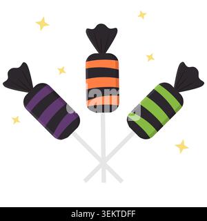 Cute Halloween candy lollipop set featuring orange, purple, and green striped sweets with festive stars. Perfect for party invitations, decorations, g Stock Vector
