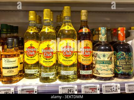 Dijon France June 3 2026. A selection of premium alcoholic spirit bottles including Havana Club and Don Papa rum brands on display in a local supermar Stock Photo